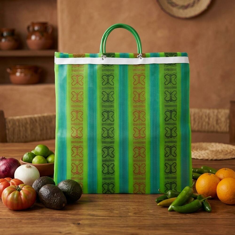 Traditional Mexican Mercado Tote Bag Colorful Reusable Plastic Market Bag
